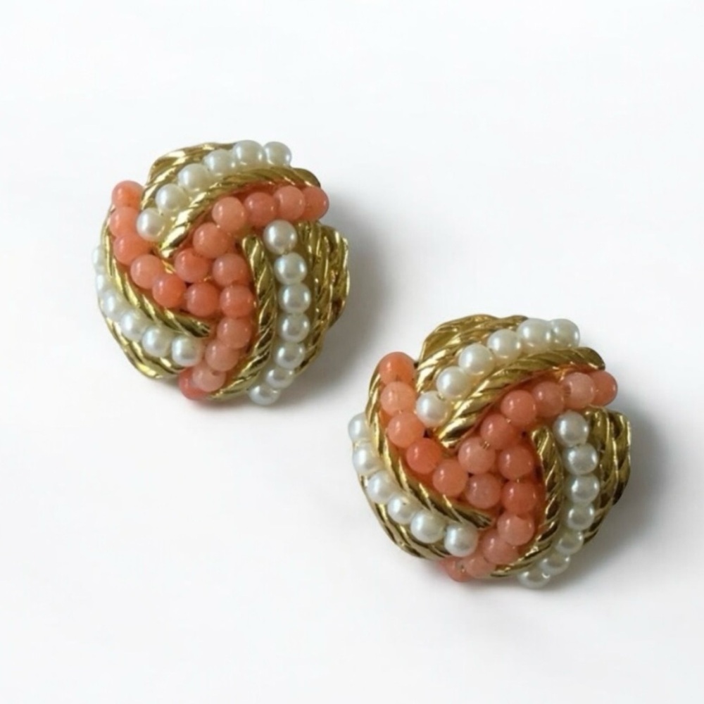 Vtg 80s Twisted Bead Rope Necklace & Earrings Set Gold-Tone, Faux Coral & Pearls - Picture 12 of 16